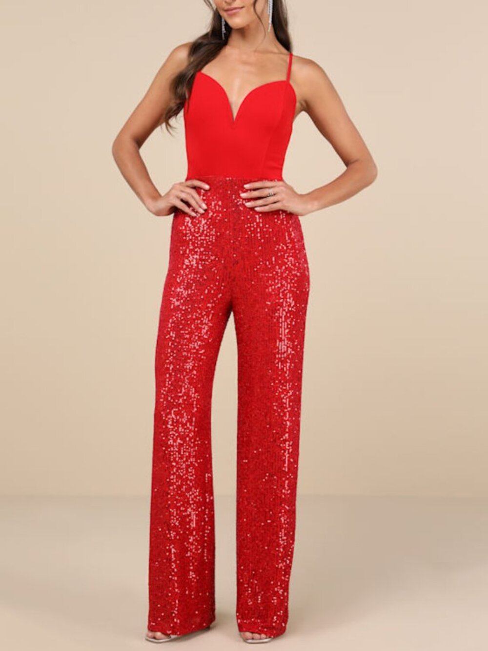 Lulus Dazzling Vision Red Sequin Sleeveless Wide-leg Jumpsuit Size XS